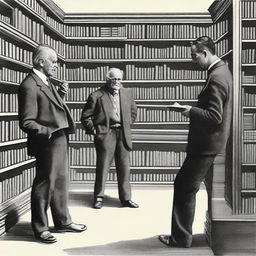 A lively public library, with shelves overflowing with books; a chair pulled up to a table where two men are engrossed in conversation, one man holding an open book in his hands.