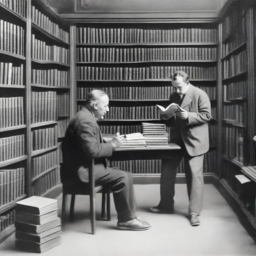 A lively public library, with shelves overflowing with books; a chair pulled up to a table where two men are engrossed in conversation, one man holding an open book in his hands.