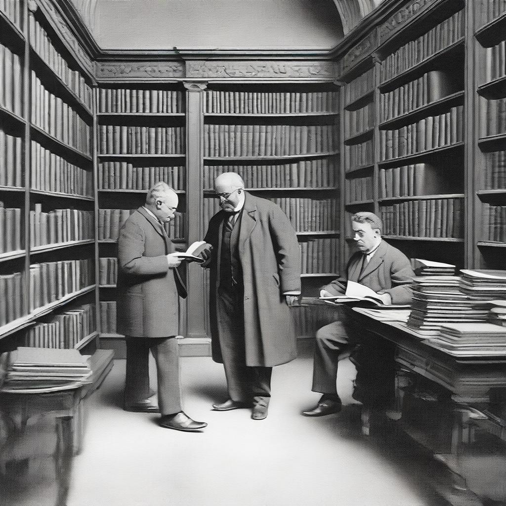 A lively public library, with shelves overflowing with books; a chair pulled up to a table where two men are engrossed in conversation, one man holding an open book in his hands.