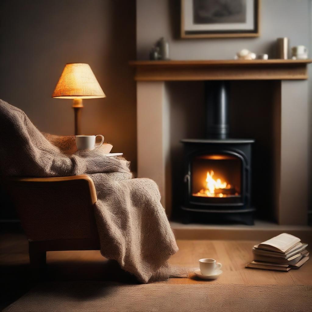 A tranquil scene of a person reading a novel on a cosy armchair next to a fireplace, with a softly lit lamp and a cup of steaming tea on a side table.