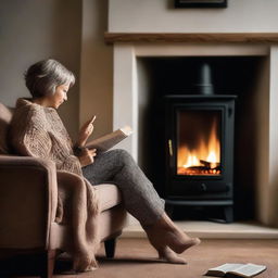 A tranquil scene of a person reading a novel on a cosy armchair next to a fireplace, with a softly lit lamp and a cup of steaming tea on a side table.