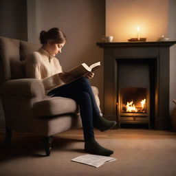 A tranquil scene of a person reading a novel on a cosy armchair next to a fireplace, with a softly lit lamp and a cup of steaming tea on a side table.
