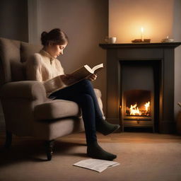 A tranquil scene of a person reading a novel on a cosy armchair next to a fireplace, with a softly lit lamp and a cup of steaming tea on a side table.