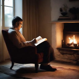 A tranquil scene of a person reading a novel on a cosy armchair next to a fireplace, with a softly lit lamp and a cup of steaming tea on a side table.