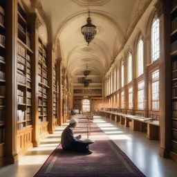 A quiet, serene public library with diverse group of Muslim individuals engaged in reading various books, soft light filtering through large windows, and rows of bookshelves full of books in the background.