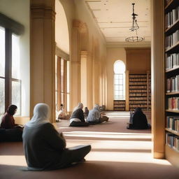 A quiet, serene public library with diverse group of Muslim individuals engaged in reading various books, soft light filtering through large windows, and rows of bookshelves full of books in the background.