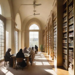 A quiet, serene public library with diverse group of Muslim individuals engaged in reading various books, soft light filtering through large windows, and rows of bookshelves full of books in the background.