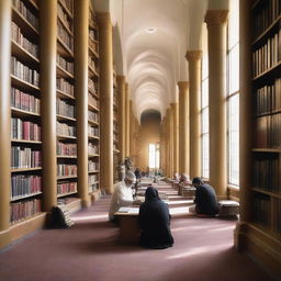 A quiet, serene public library with diverse group of Muslim individuals engaged in reading various books, soft light filtering through large windows, and rows of bookshelves full of books in the background.