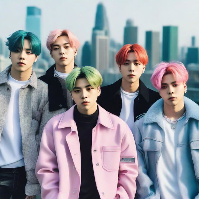 The members of BTS, each rocking unique, icy hair colors. They stand confidently in a lineup against a modern city backdrop, their hair startlingly contrasted against the urban landscape.