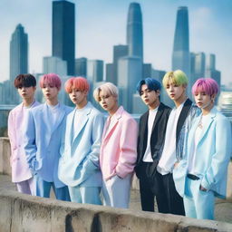 The members of BTS, each rocking unique, icy hair colors. They stand confidently in a lineup against a modern city backdrop, their hair startlingly contrasted against the urban landscape.