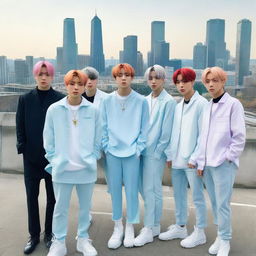 The members of BTS, each rocking unique, icy hair colors. They stand confidently in a lineup against a modern city backdrop, their hair startlingly contrasted against the urban landscape.