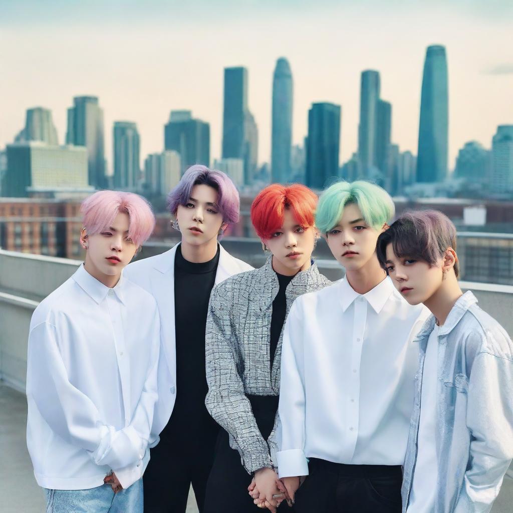 The members of BTS, each rocking unique, icy hair colors. They stand confidently in a lineup against a modern city backdrop, their hair startlingly contrasted against the urban landscape.