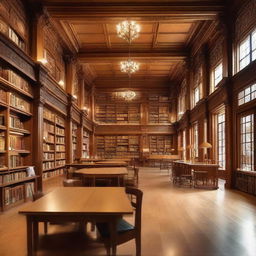 A well-lit public library filled with shelves brimming with assorted books. Comfortable chairs and wooden tables are arranged for readers, encapsulating an ambiance of knowledge and tranquility.