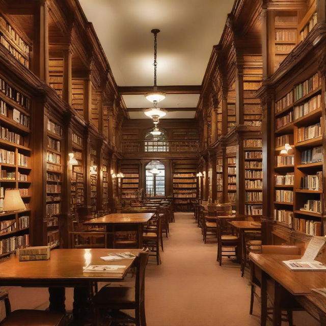 A well-lit public library filled with shelves brimming with assorted books. Comfortable chairs and wooden tables are arranged for readers, encapsulating an ambiance of knowledge and tranquility.