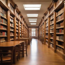 A well-lit public library filled with shelves brimming with assorted books. Comfortable chairs and wooden tables are arranged for readers, encapsulating an ambiance of knowledge and tranquility.