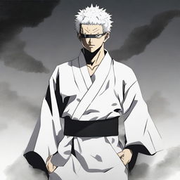 Gojo Satoru from Jujutsu Kaisen wearing his characteristic white robe and blindfold, showing a confident and powerful pose.