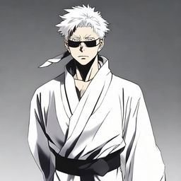 Gojo Satoru from Jujutsu Kaisen wearing his characteristic white robe and blindfold, showing a confident and powerful pose.