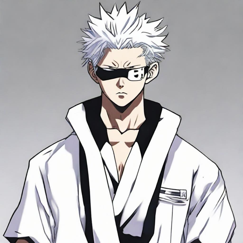 Gojo Satoru from Jujutsu Kaisen wearing his characteristic white robe and blindfold, showing a confident and powerful pose.