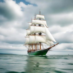 A green and white sailing ship gliding effortlessly on the calm sea under a slightly cloudy sky