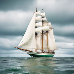 A green and white sailing ship gliding effortlessly on the calm sea under a slightly cloudy sky