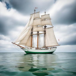 A green and white sailing ship gliding effortlessly on the calm sea under a slightly cloudy sky