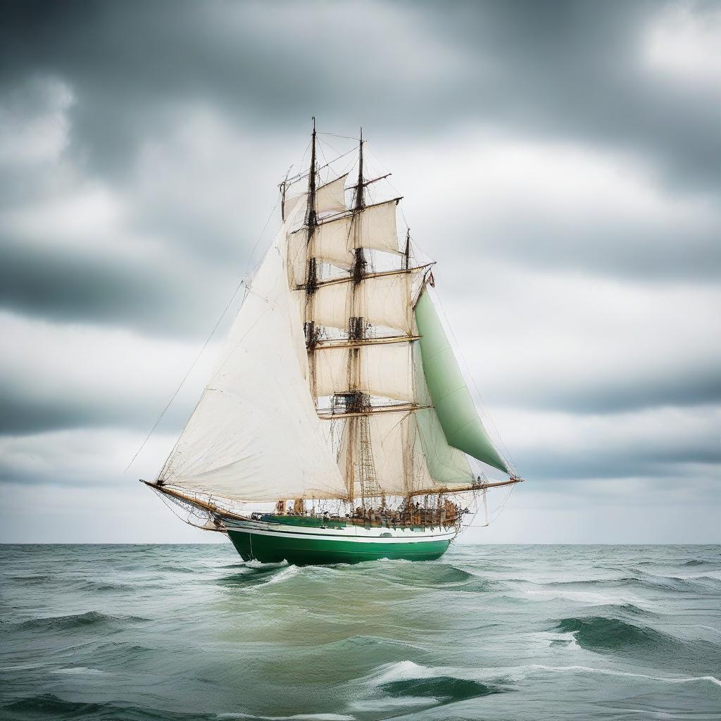 A green and white sailing ship gliding effortlessly on the calm sea under a slightly cloudy sky