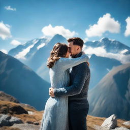 A loving couple embracing each other on a majestic mountain peak with crisp, blue skies overhead and towering mountain ranges in the background