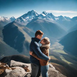 A loving couple embracing each other on a majestic mountain peak with crisp, blue skies overhead and towering mountain ranges in the background