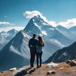 A loving couple embracing each other on a majestic mountain peak with crisp, blue skies overhead and towering mountain ranges in the background