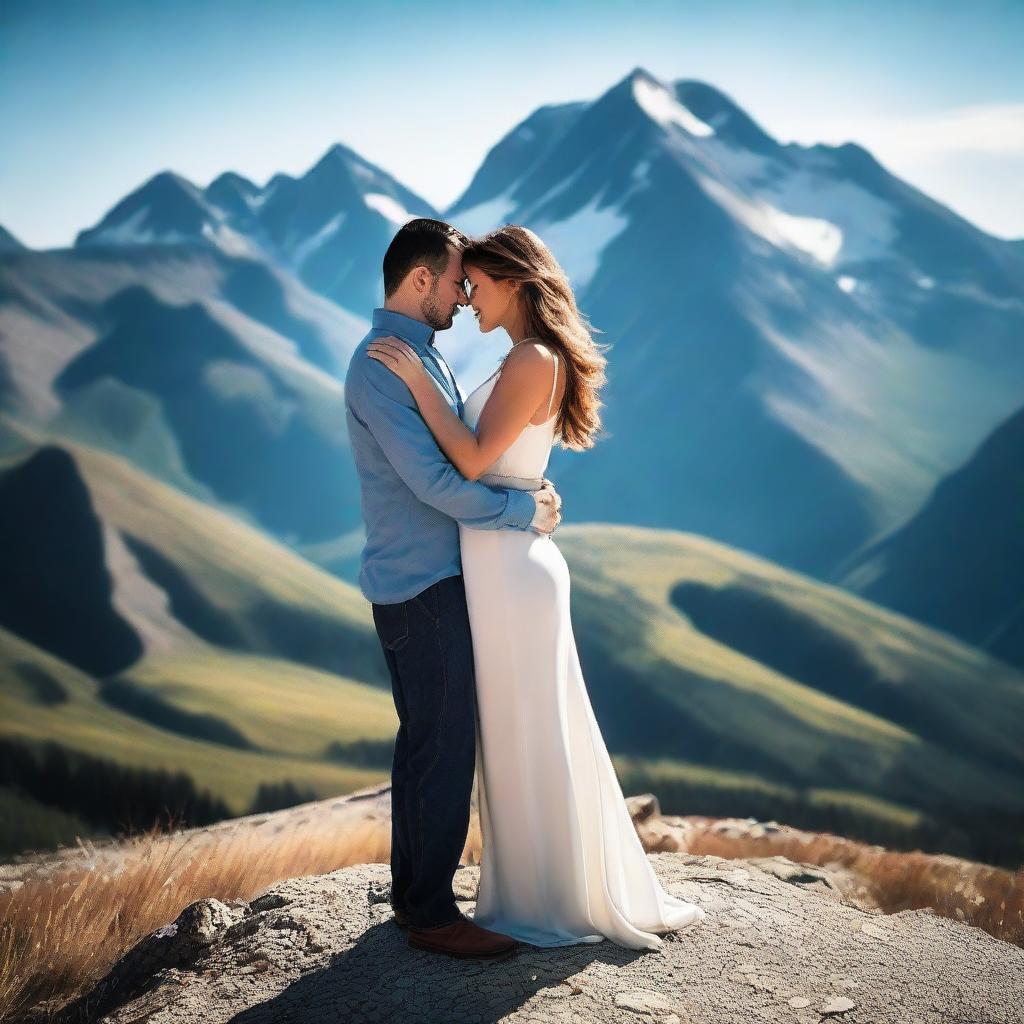 A loving couple embracing each other on a majestic mountain peak with crisp, blue skies overhead and towering mountain ranges in the background