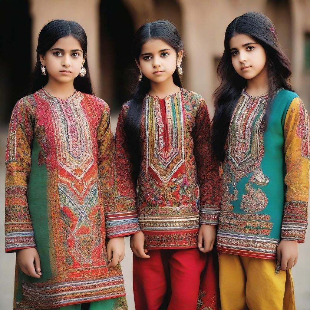 Pakistani girls in colorful, ornate shalwar qamiz with intricate designs and patterns.