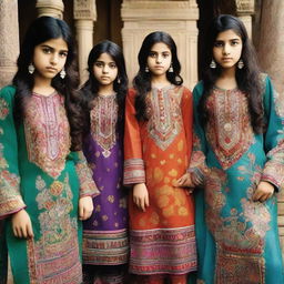 Pakistani girls in colorful, ornate shalwar qamiz with intricate designs and patterns.