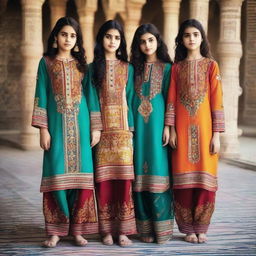 Pakistani girls in colorful, ornate shalwar qamiz with intricate designs and patterns.