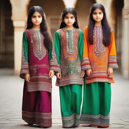 Pakistani girls in colorful, ornate shalwar qamiz with intricate designs and patterns.