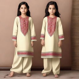 Girls in tastefully designed, elegant, and decent shalwar qamiz featuring modest patterns.