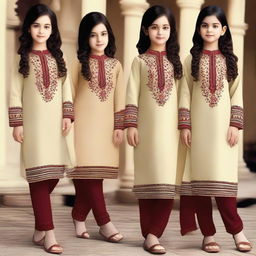 Girls in tastefully designed, elegant, and decent shalwar qamiz featuring modest patterns.