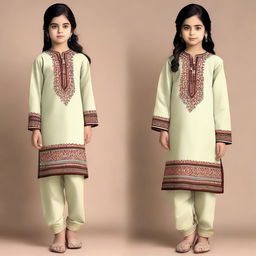 Girls in tastefully designed, elegant, and decent shalwar qamiz featuring modest patterns.