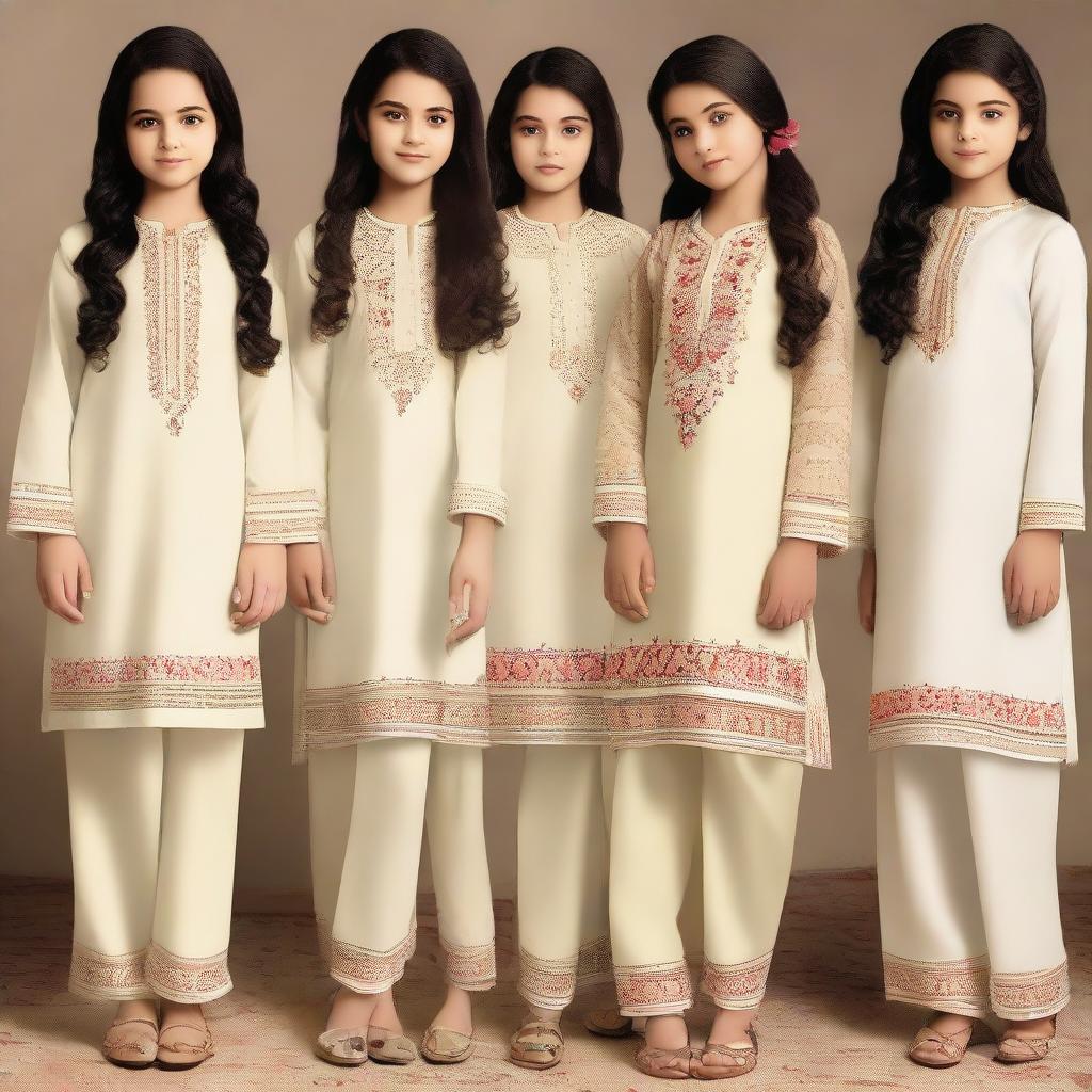 Girls in tastefully designed, elegant, and decent shalwar qamiz featuring modest patterns.