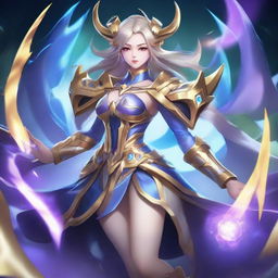 A high-detailed, dynamic depiction of Lunox, a character from Mobile Legends, showcasing her powerful abilities and unique design features.