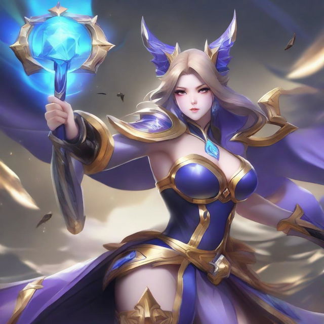 A high-detailed, dynamic depiction of Lunox, a character from Mobile Legends, showcasing her powerful abilities and unique design features.