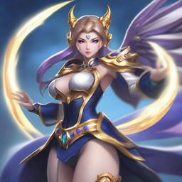 A high-detailed, dynamic depiction of Lunox, a character from Mobile Legends, showcasing her powerful abilities and unique design features.