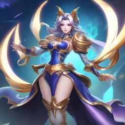 A high-detailed, dynamic depiction of Lunox, a character from Mobile Legends, showcasing her powerful abilities and unique design features.