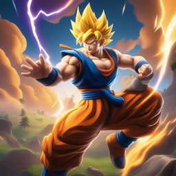 This digital artwork depicts Goku from Dragonball as a Fortnite character, complete with the game's bold colors, exaggerated proportions, and cartoonish aesthetic
