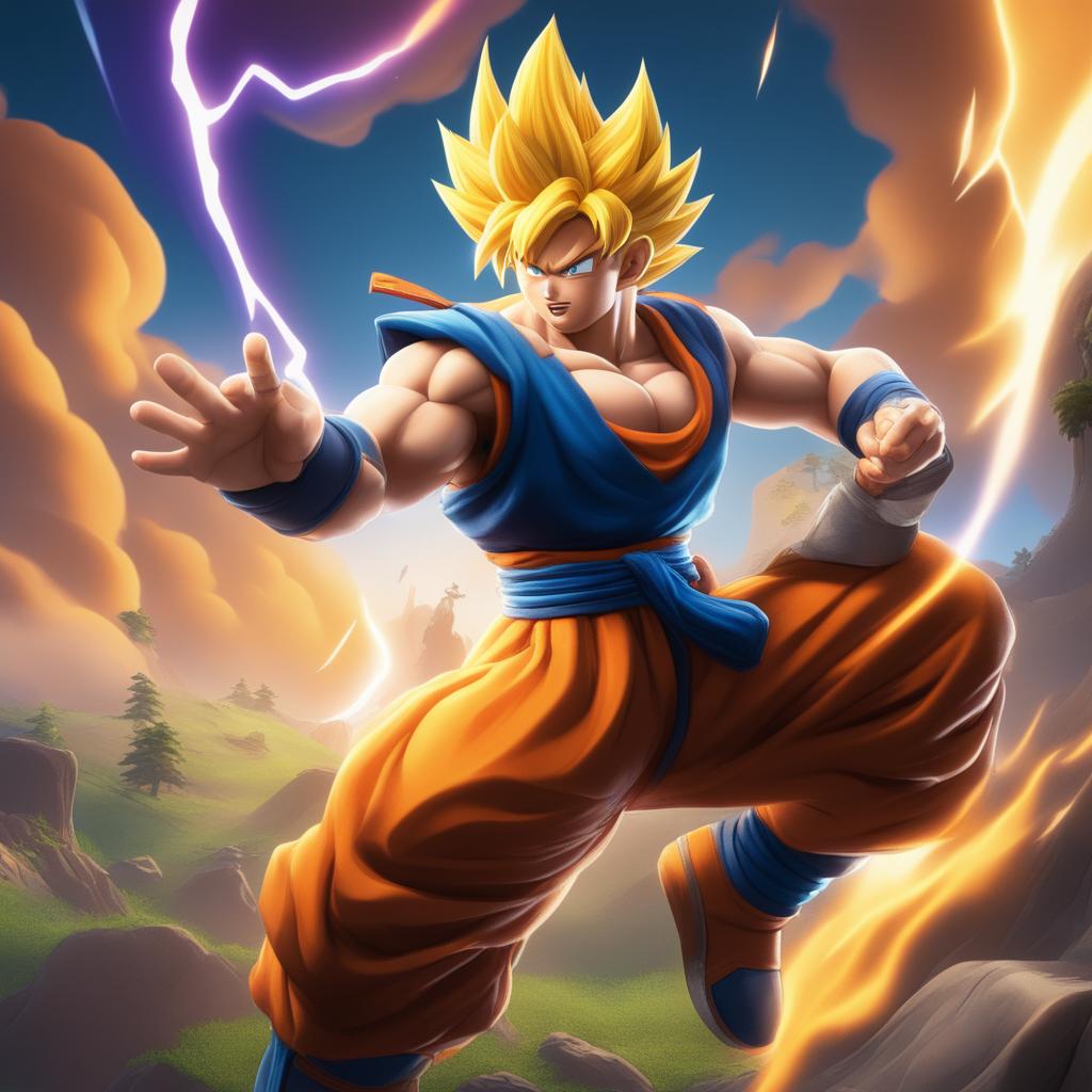 This digital artwork depicts Goku from Dragonball as a Fortnite character, complete with the game's bold colors, exaggerated proportions, and cartoonish aesthetic