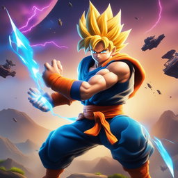 This digital artwork depicts Goku from Dragonball as a Fortnite character, complete with the game's bold colors, exaggerated proportions, and cartoonish aesthetic
