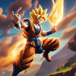 This digital artwork depicts Goku from Dragonball as a Fortnite character, complete with the game's bold colors, exaggerated proportions, and cartoonish aesthetic