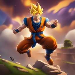 This digital artwork depicts Goku from Dragonball as a Fortnite character, complete with the game's bold colors, exaggerated proportions, and cartoonish aesthetic