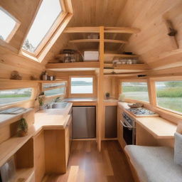 A quaint, efficiently designed tiny house crafted into the architecture of a boat.