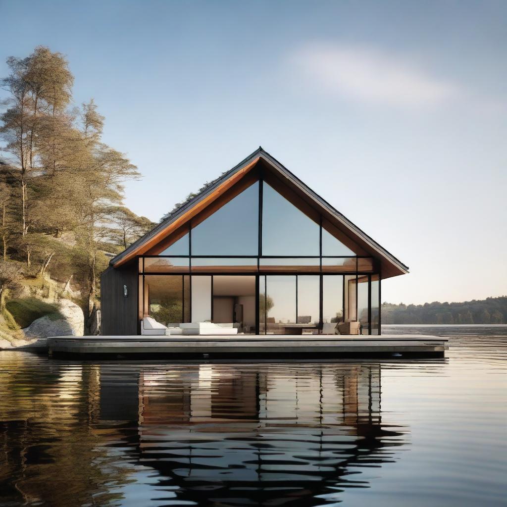 A large, multifaceted boathouse, elegantly sitting by the water, reflecting in the calm waves.