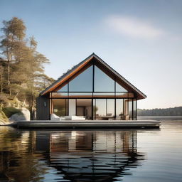 A large, multifaceted boathouse, elegantly sitting by the water, reflecting in the calm waves.